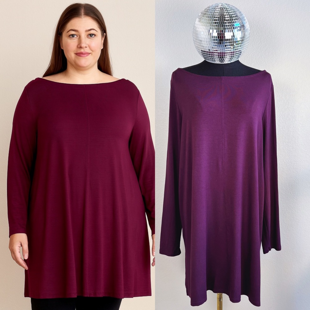 Eileen Fisher Boat Neck Long Sleeve Jersey Dress, Size L, Purple